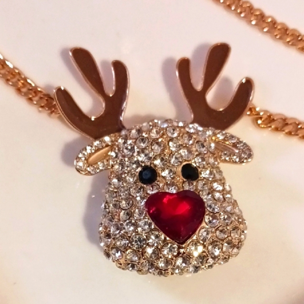 Betsey Johnson Crystal Pave' & Goldtone Reindeer Necklace with Red Crystal Nose